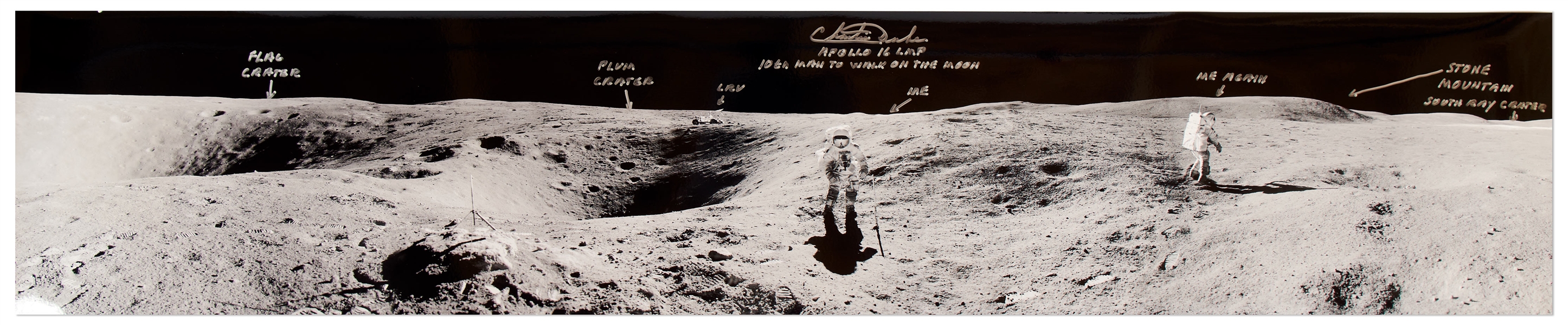 Charlie Duke Signed 40'' Panoramic Photo of the Lunar Surface -- With Duke's Hand Notations