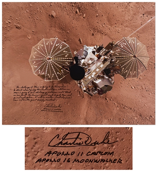 Apollo 16 Moonwalker Charlie Duke Signed 20'' x 16'' Photo of the Phoenix Lander on Mars -- ''The human spirit wants to go to Mars...''