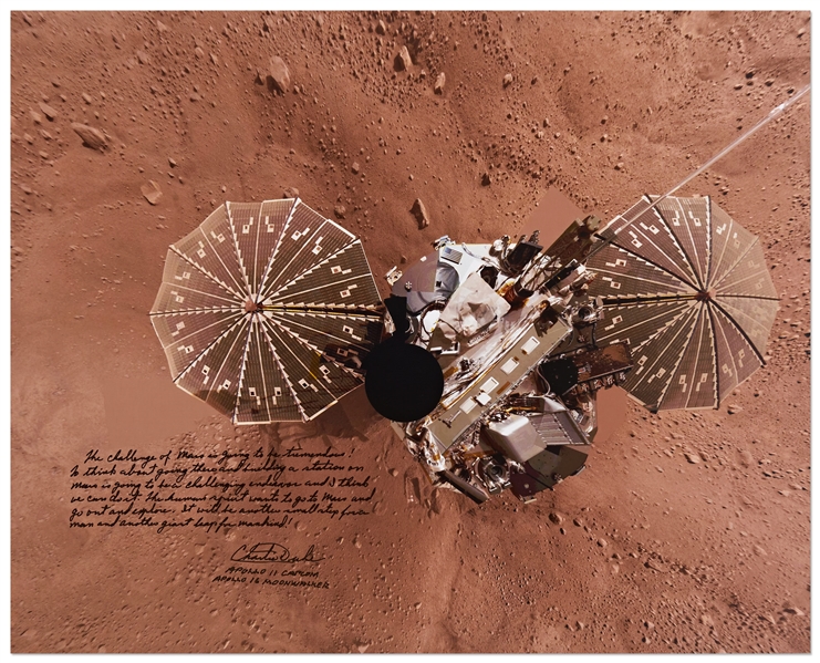 Apollo 16 Moonwalker Charlie Duke Signed 20'' x 16'' Photo of the Phoenix Lander on Mars -- ''The human spirit wants to go to Mars...''