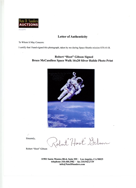 Astronaut Robert ''Hoot'' Gibson Signed 16'' x 20'' Photo of the First Untethered Spacewalk During STS-41-B