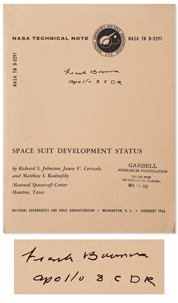Frank Borman Signed NASA Report from 1966 on Astronaut Space Suit Development -- With Novaspace COA