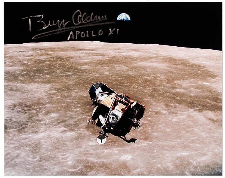 Buzz Aldrin Signed 10'' x 8'' Photo of the Apollo 11 Lunar Module Departing the Moon