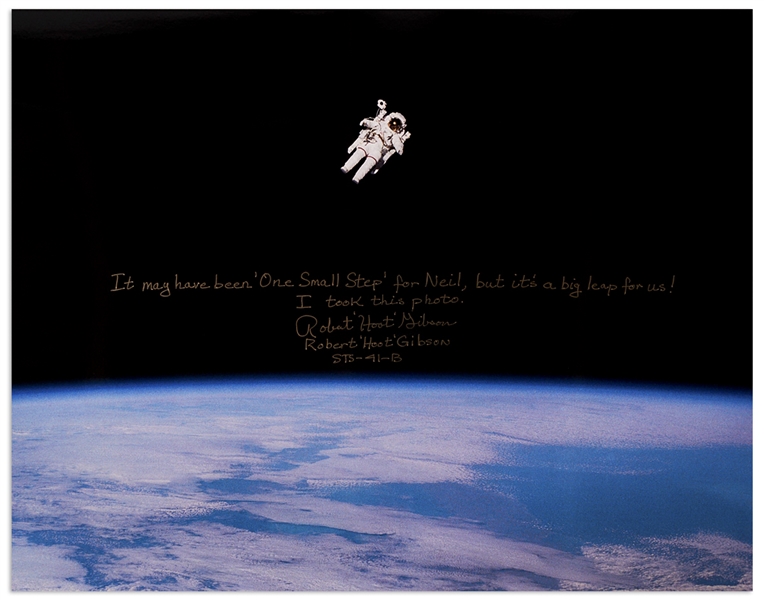 Astronaut Robert ''Hoot'' Gibson Signed 20'' x 16'' Photo of the First Untethered Spacewalk During STS-41-B