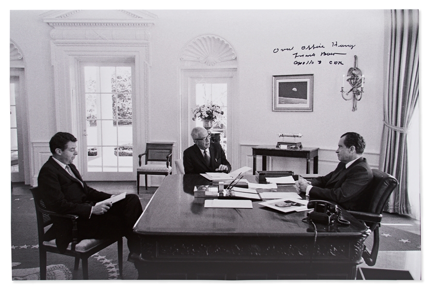 Frank Borman Signed 20'' x 16'' Photo of Richard Nixon in the Oval Office, With Borman's Famous ''Earthrise'' Photo Hanging on the Wall