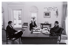Frank Borman Signed 20 x 16 Photo of Richard Nixon in the Oval Office, With Bormans Famous Earthrise Photo Hanging on the Wall