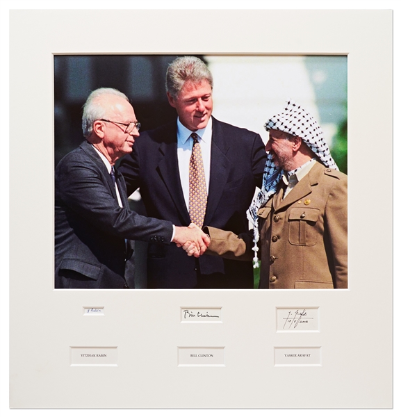 Bill Clinton, Yitzhak Rabin and Yasser Arafat Signed Display of the Historic Oslo I Middle East Peace Accord -- Measures 25.5'' x 26.5'' -- With PSA/DNA COAs