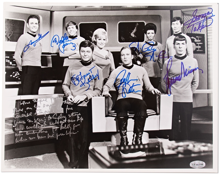 Star Trek Cast-Signed 14'' x 11'' Photo -- With William Shatner Additionally Handwriting the Famous Opening Sequence