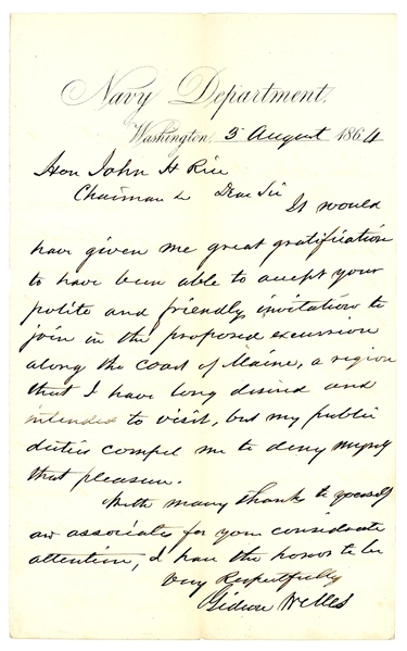Gideon Welles 1864 Autograph Letter Signed as Secretary of the Navy During the Civil War -- Regarding Visiting Maine