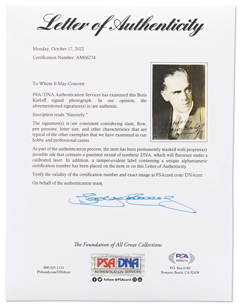 Boris Karloff Signed Photo Without Inscription -- With PSA/DNA COA