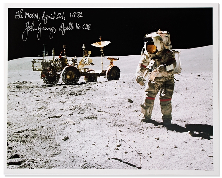 John Young Signed 10'' x 8'' Photo of Him Standing on the Moon With the Lunar Rover -- ''The MOON''
