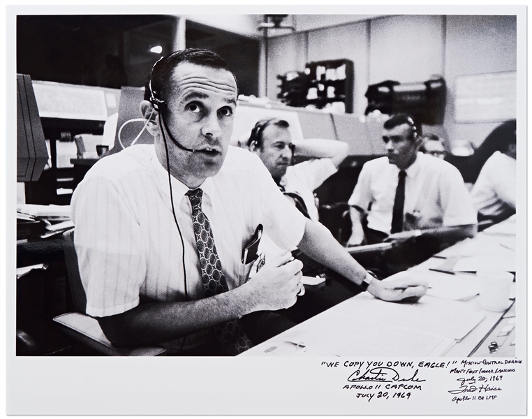 Charlie Duke & Fred Haise Signed 20'' x 16'' Photo from Apollo 11 -- ''WE COPY YOU DOWN EAGLE!''