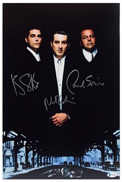 Dramatic ''Goodfellas'' Cast-Signed 12'' x 18'' Photo -- Signed by Robert De Niro, Ray Liotta, and Paul Sorvino -- With Beckett COA