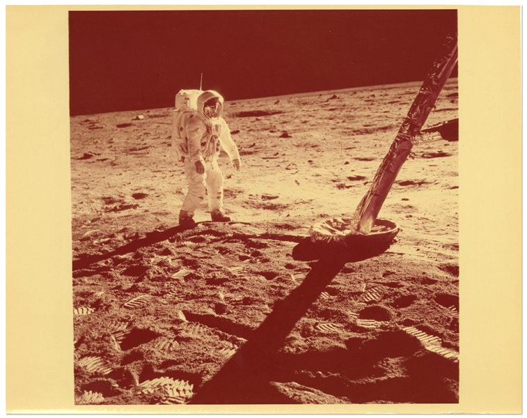 Vintage Apollo 11 Photo of Buzz Aldrin on the Lunar Surface -- With NASA Press Release to Verso