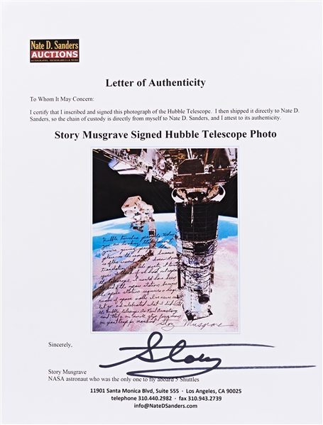 Astronaut Story Musgrave Signed 20'' x 16'' Photo of Musgrave Fixing the Hubble Space Telescope -- ''...Science is...like poetry, it touches you...''