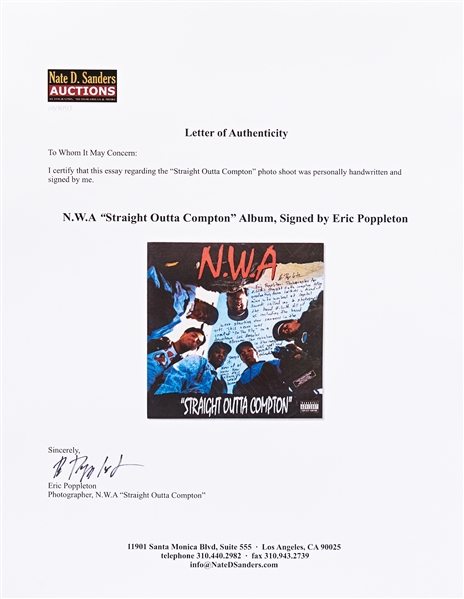 'Straight Outta Compton'' LP Record Album Signed by the Photographer of the Iconic Photo with Essay on That Shot -- ''The revolver...was real''