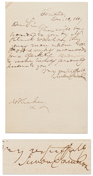 Simon Cameron Autograph Letter Signed as U.S. Senator -- Cameron Served as Lincoln's Secretary of War