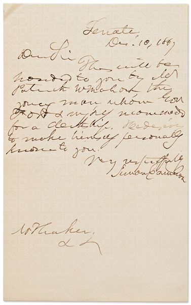 Simon Cameron Autograph Letter Signed as U.S. Senator -- Cameron Served as Lincoln's Secretary of War