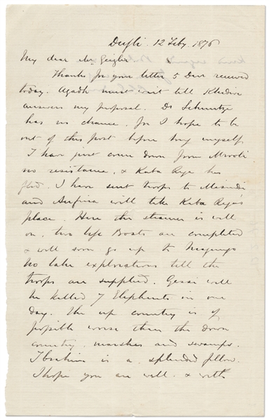 Charles George Gordon Autograph Letter Signed from Dufile -- ''...Kaba Rega has fled. I have sent troops to Masindi and Anfina will take Kaba Rega's place...''