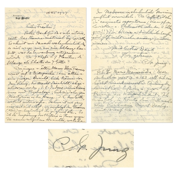 Carl Jung Autograph Letter Signed, Analyzing a Dream with Religious Overtones -- ''...indignation...within you towards the new religious views that entangle modern man in horrible moral conflicts...''