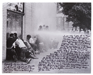 Incredible 20 x 16 Photo Essay Handwritten & Signed by Gwendolyn Sanders, Who Led the 1963 Student Protest in Birmingham, Alabama -- ...Birmingham firemen used these water hoses against us...