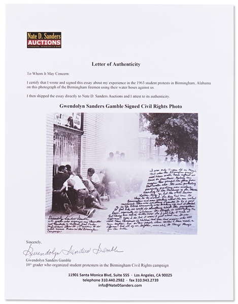 Incredible 20'' x 16'' Photo Essay Handwritten & Signed by Gwendolyn Sanders, Who Led the 1963 Student Protest in Birmingham, Alabama -- ''...Birmingham firemen used these water hoses against us...''