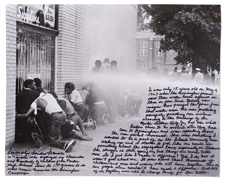 Handwritten & Signed 20'' x 16'' Photo Essay by Gwendolyn Sanders, Who Led the 1963 Student Protest in Birmingham, Alabama -- ''...Birmingham firemen used these water hoses against us...''