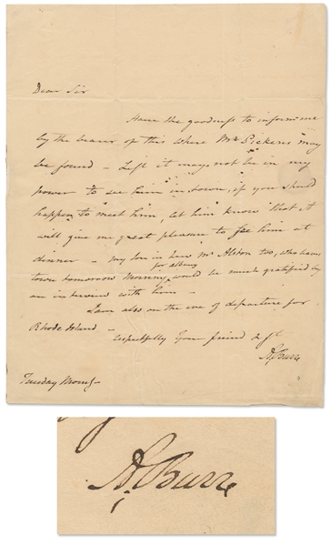 Aaron Burr Letter Signed -- ''...My son in law Mr. Alston too...would be much gratified by an interview with him...''