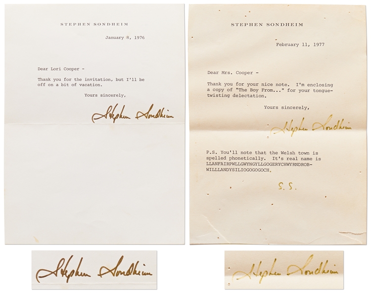 Lot of Two Letters Signed by Theater Legend Stephen Sondheim -- ...for your tongue-twisting delectation...