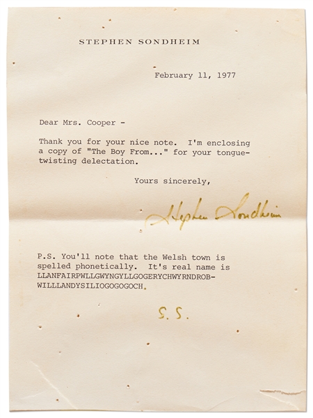 Lot of Two Letters Signed by Theater Legend Stephen Sondheim -- ''...for your tongue-twisting delectation...''