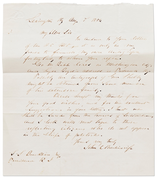 CSA Secretary of War John C. Breckinridge Autograph Letter Signed -- ''...I trust we shall be saved from the horrors of Sectionalism...''