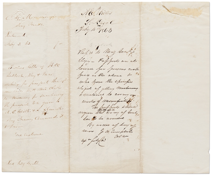 Charles Memminger Civil War Letter Signed on CSA Treasury Department Letterhead