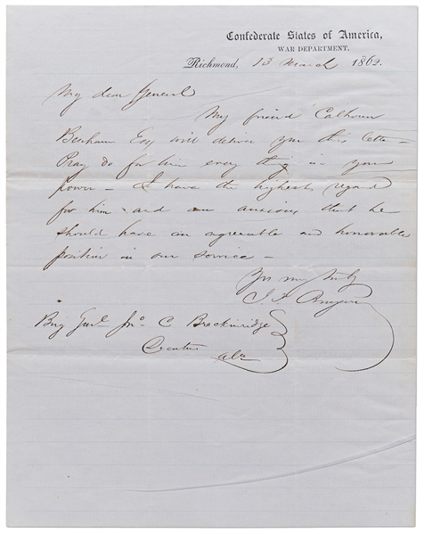 Judah P. Benjamin Autograph Letter Signed as Secretary of War for the CSA During the Civil War