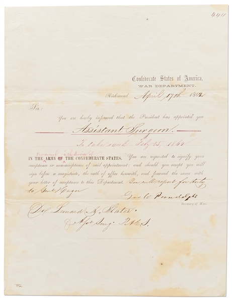 George Randolph Document Signed as Confederate Secretary of War -- on CSA War Department Letterhead