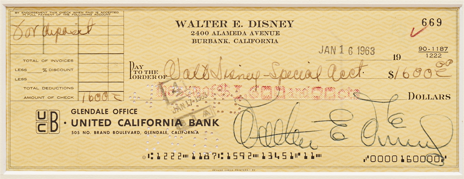 Walt Disney Check Signed from 1963 -- With Phil Sears COA