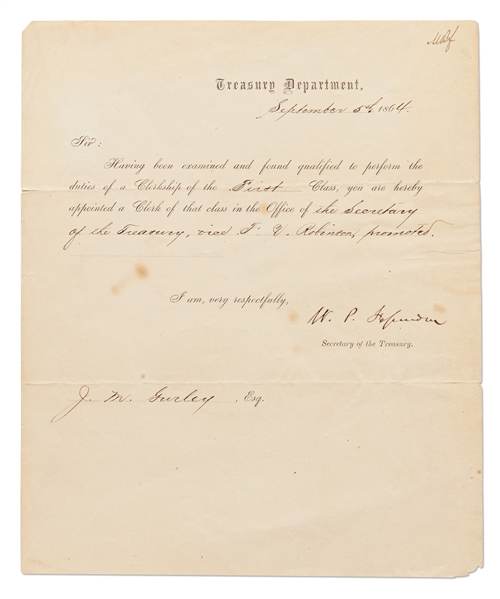 William Fessenden Civil War Document Signed as Treasury Secretary