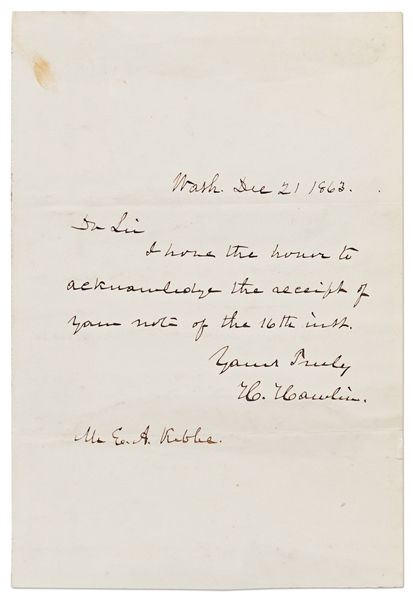 Hannibal Hamlin Autograph Note Signed as Vice President Under Abraham Lincoln