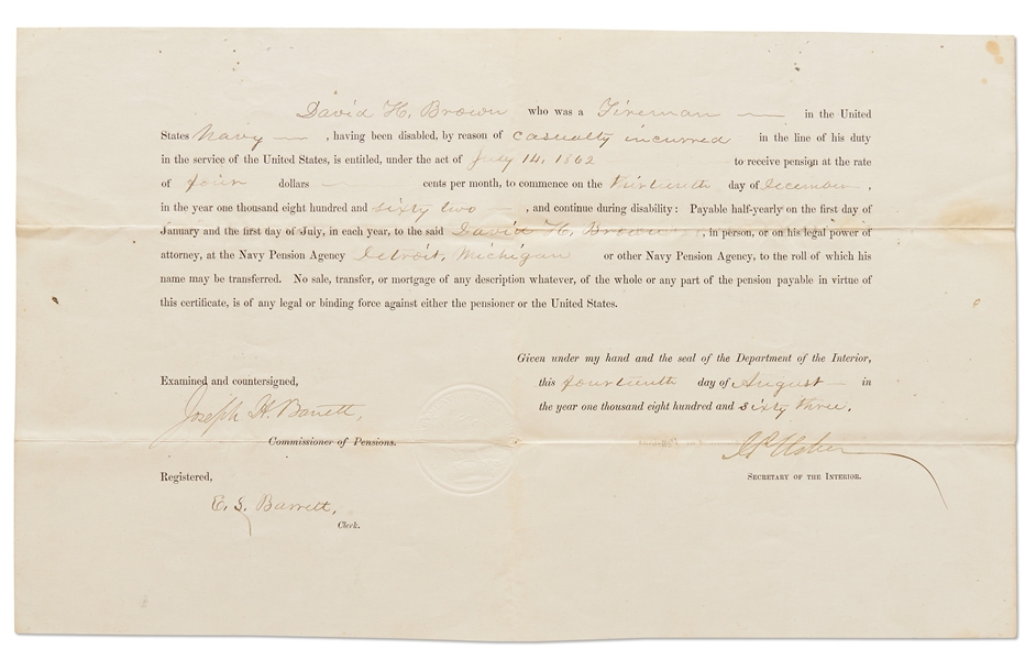 John Usher Document Signed as Secretary of the Interior Under President Lincoln