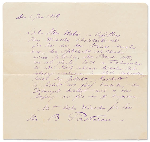 Boris Pasternak Autograph Letter Signed, Autograph Poem Signed & Signed Envelope