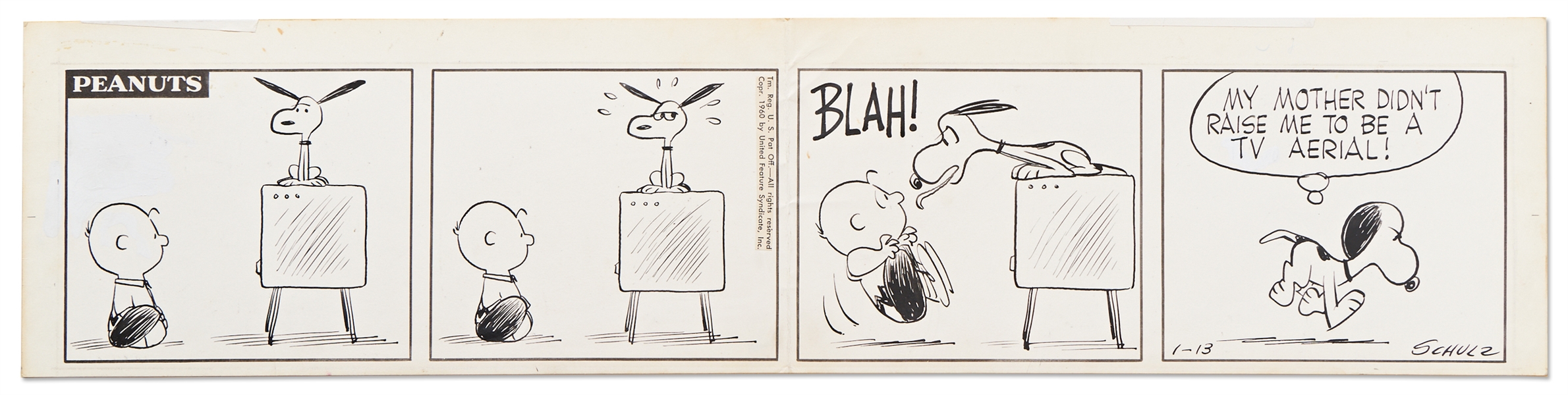 Charles Schulz Original Hand-Drawn ''Peanuts'' Comic Strip from 1960 Where Snoopy Walks on Four Legs -- Snoopy Resents His Ears Being Used as TV Antennae