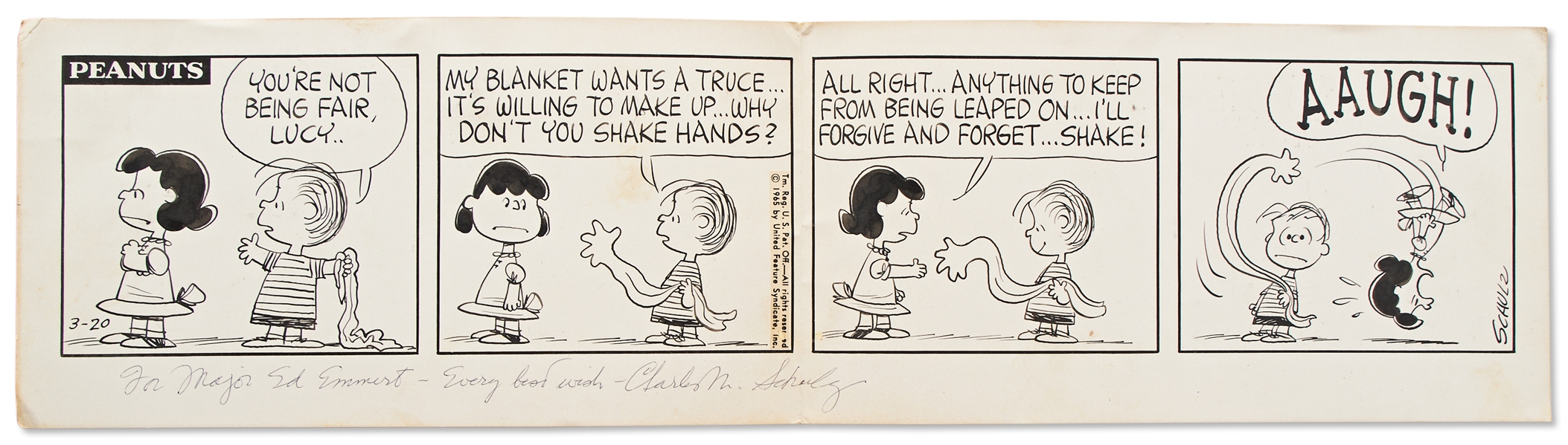 Charles Schulz Hand-Drawn ''Peanuts'' Comic Strip from 1965 -- Linus' Blanket Gets Revenge on Lucy