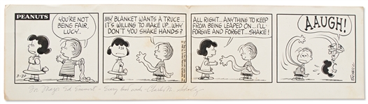 Charles Schulz Hand-Drawn Peanuts Comic Strip from 1965 -- Linus Blanket Gets Revenge on Lucy