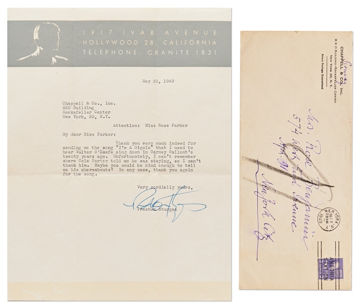 Lot of 8 Letters Signed by Cole Porter, Ira Gershwin & Preston Sturges -- Referencing Several Hit Songs from the 1940s