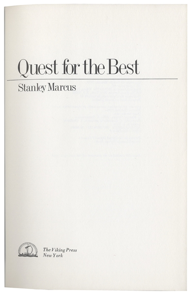 Stanley Marcus of Neiman-Marcus Signed Memoir ''Quest for the Best''