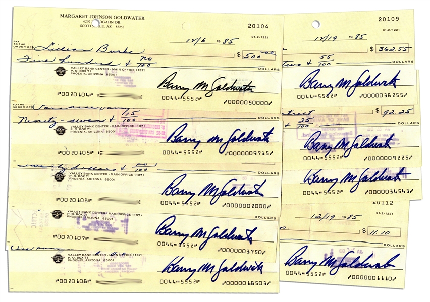 Lot of 10 Checks Signed by Conservative Icon Barry Goldwater