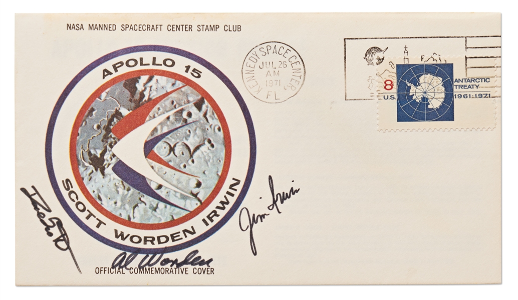 Apollo 15 Crew-Signed NASA Insurance Cover -- From Al Worden's Personal Collection, and Also With His Signed COA