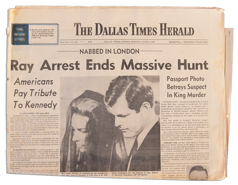 Martin Luther King & Robert Kennedy Assassination Newspaper -- Arrest of King's Assassin & Kennedy's Funeral