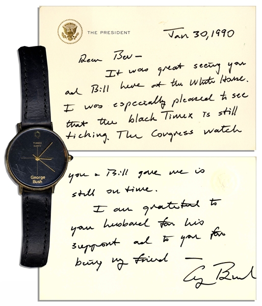 George H.W. Bush Custom-Made Watch With a Handwritten Letter by Bush Attesting to its Authenticity -- Watch Has Gold ''George Bush'' Lettering