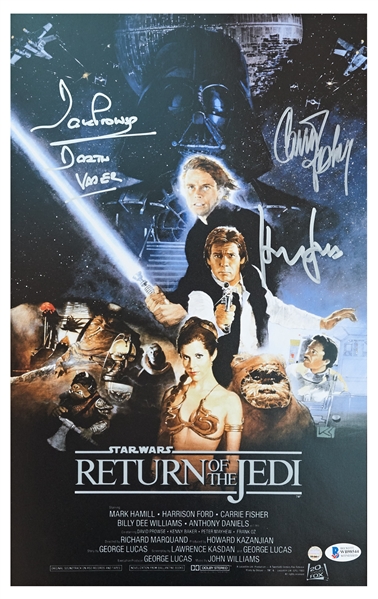 Harrison Ford, Carrie Fisher & Darth Vader's David Prowse Signed 10'' x 16'' Movie Poster Photo for ''Return of the Jedi'' -- With Steiner COA