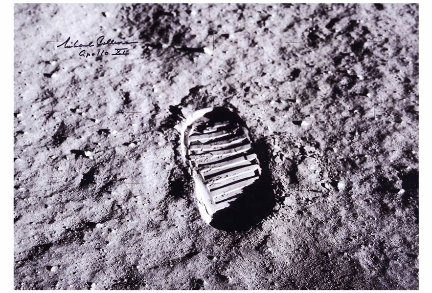 Michael Collins Signed 20'' x 16'' Photo of Buzz Aldrin's Footprint Upon the Moon