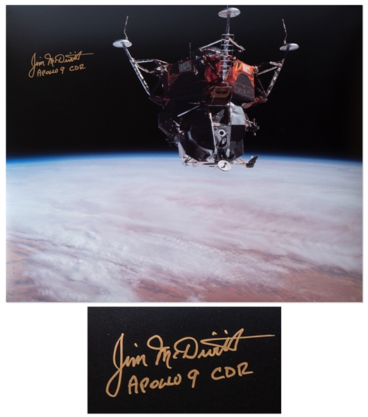 James McDivitt Signed 20'' x 16'' Photo From the Apollo 9 Mission, Showing the Lunar Module in Earth's Orbit
